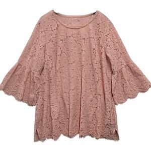 Isaac Mizrahi Blouse Women's 2XL Light Pink Lined Lace Top Bell Sleeves Boho